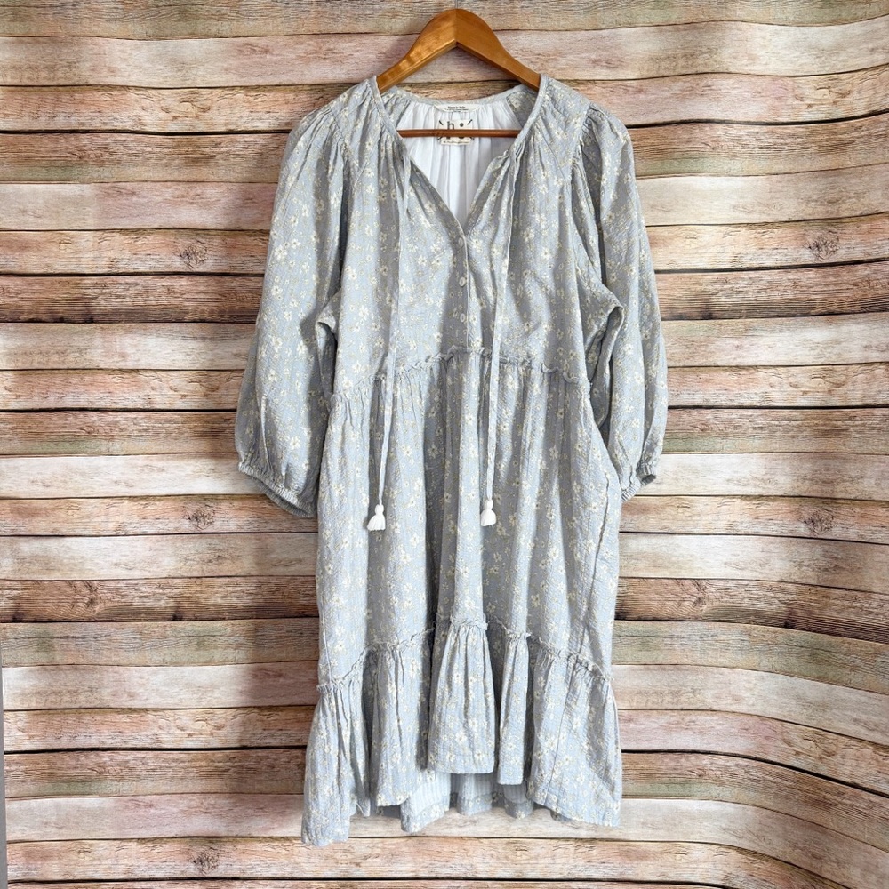 Harper Sage Blue Terrace Disty Floral Boho Puff Sleeve Tassel Dress Size Small